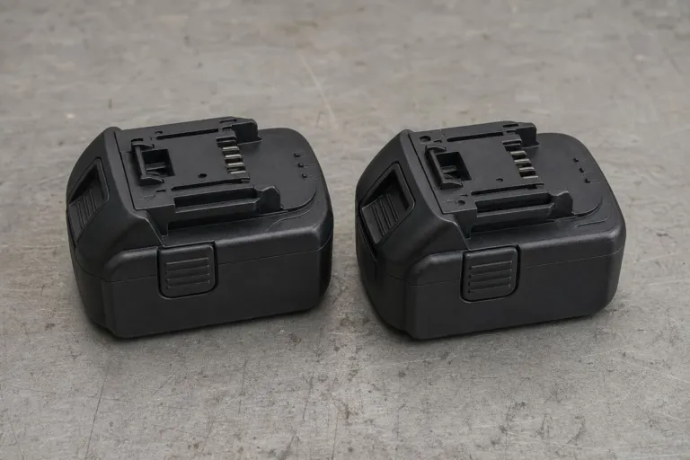 Dwa czarne akumulatory do elektronarzędzi stojące obok siebie na betonowym blacie