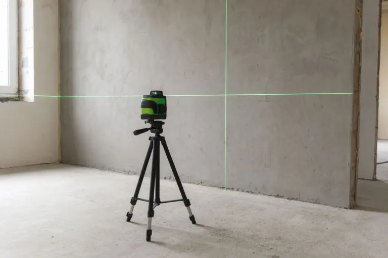 Laser krzyżowy na statywie rzuca zielone linie na ścianę w remontowanym pokoju